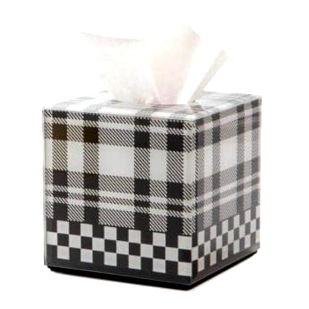 MACKENZIE-CHILDS Black & White Tartan Boutique Tissue Box Cover Square NEW